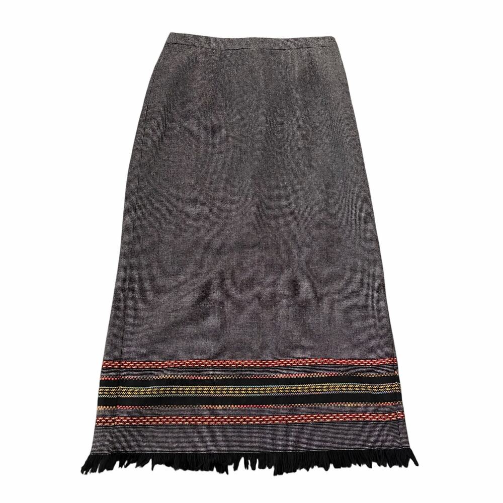 VTG Requirements Wool Blend Maxi Skirt Gray Aztec Western Fringe Boho Sz 12